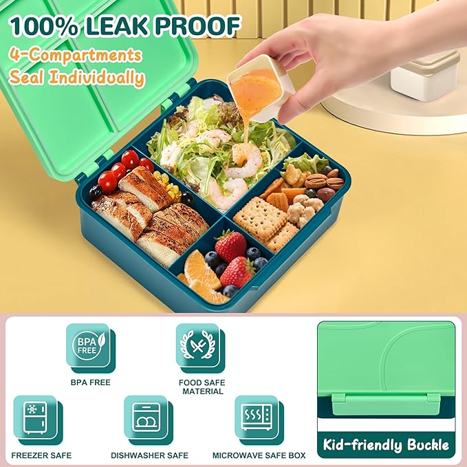 MAXSO Bento Lunch Box Set with 8 oz Soup Thermo, Kids Leakproof 4 Compartments Hot Food Container with Sauce Cup, Ice Pack and Lunch Bag, Child Insulated Food Jar for School - Green