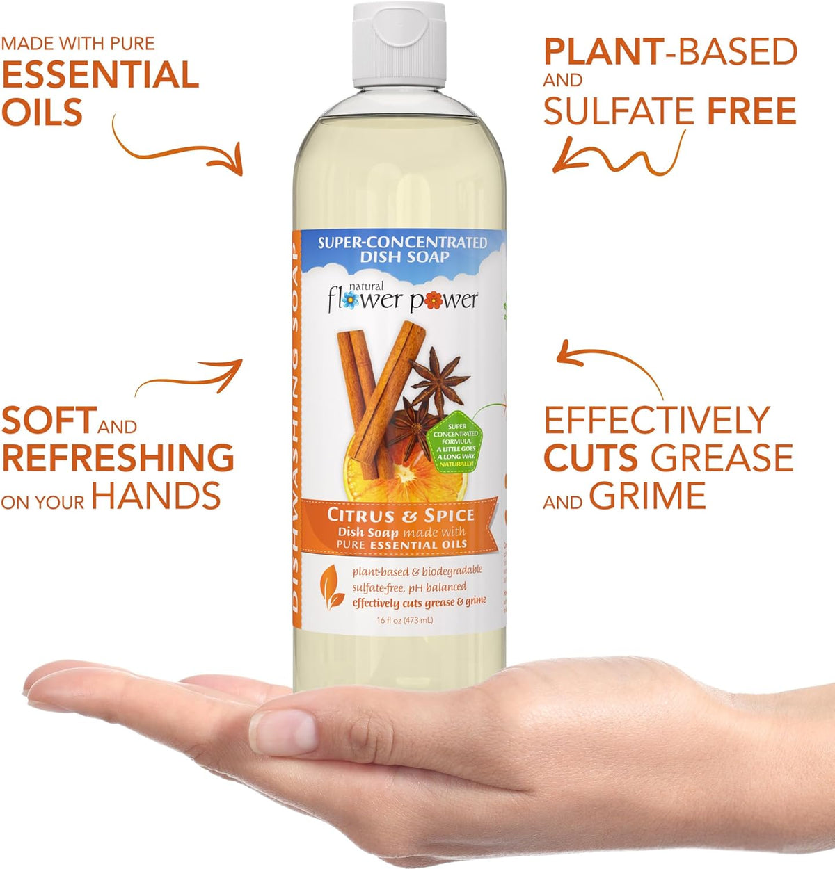 Liquid Dish Soap – Citrus & Spice – Plant-Based & Scented w/ Pure Essential Oils – Natural Liquid Dishwashing Detergent – Sulfate-Free Kitchen Soap – Vegan (16 Fl Oz 3 Pack)