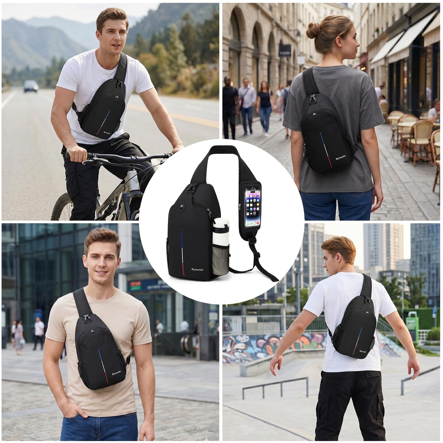Bymontin Crossbody Sling Backpack with Touch Screen Phone Pocket, Chest Bag for Commuting and Daily Use