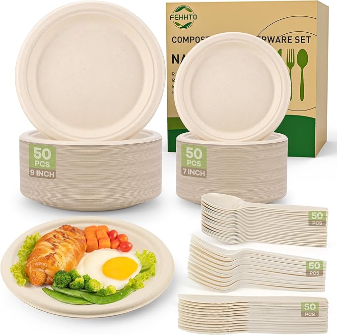 Compostable Paper Plates Set, 250PCS Disposable Heavy-Duty Sugarcane Plate and Eco-Friendly Utensil Biodegradable Dinnerware Plates, Extra Long Forks & Knives & Spoons for Party