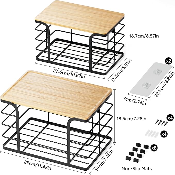2 Pack Extra Large Stackable Pantry Organizers and Storage,Wall Mount Trash Bag Holder Dispenser with Bamboo Top for Kitchen Laundry Room Organization,Black