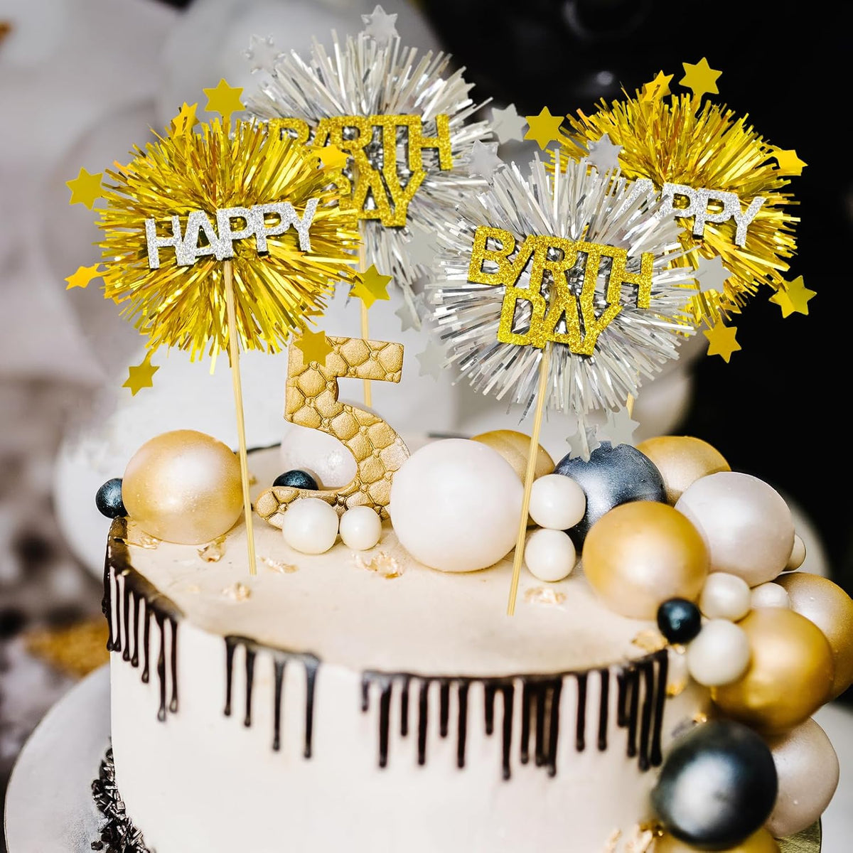 LOLStar 12 PCS Happy Birthday Cake Toppers, Gold and Silver Foil Cupcake Toppers, Glitter Tinsel Cupcake Decor, Food Picks Drink Stirrers Cocktail Toothpicks for Celebrating Party Supplies