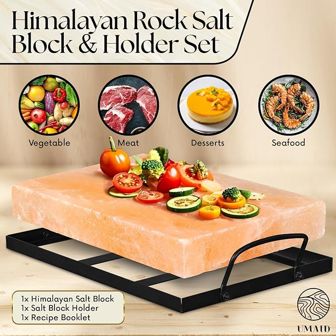 UMAID Himalayan Salt Block Cooking Plate 12x8x1.5 for Cooking, Grilling, Cutting and Serving, Food Grade Rock Salt Stone with Steel Tray & Recipe Pamphlet Unique Gifts for Men, Women, Chefs & Cooks