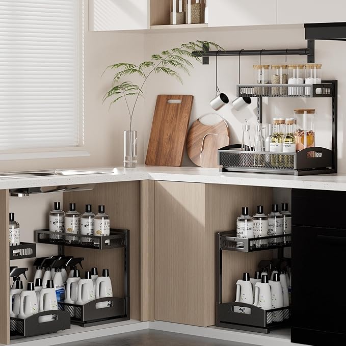 Under Sink Organizer,2 Pack Height Adjustable Under Sink Organizers and Storage, 2 Tier Under Sink Storage for Kitchen Bathroom Cabinet
