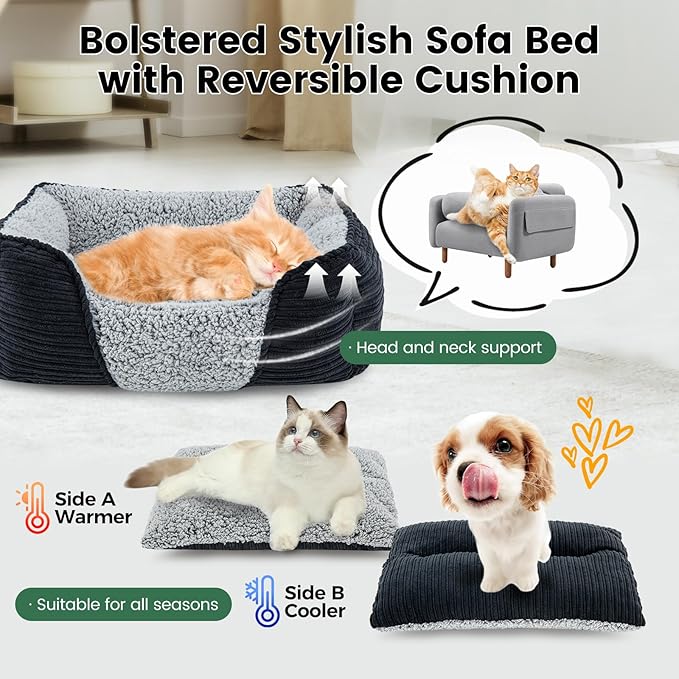 Miguel Washable Dog Bed for Small Dogs, Easy to Wash Cat Sofa Bed with High Sides, Rectangle Bolster Cat Bed Calming Cuddle Puppy Bed with Anti-Slip Bottom, Black 20 Inch