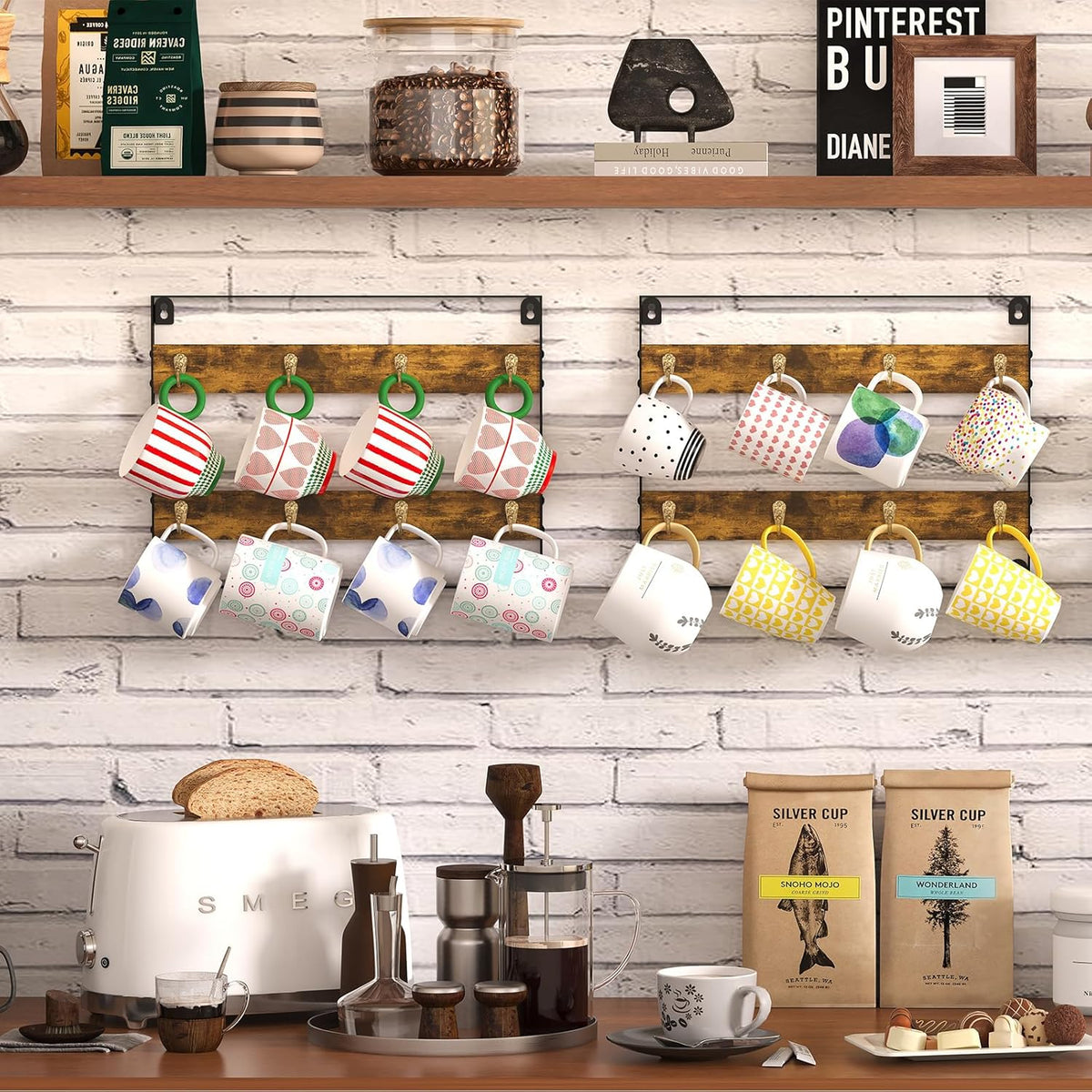 Coffee Mug Holder Rack Organizer - Wall Mounted Rack to Hold Up to 16 Mugs (2Pack), Rustic Wood Cup Organizer Rack & Display Shelf for Kitchen, Coffee Bar, Home, Office