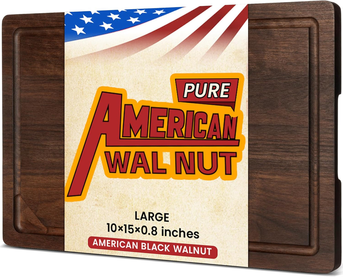 Heimlove Walnut Wood Cutting Board for Kitchen, 15x10 American Walnut Cutting Board Reversible Wooden Chopping Board With Juice Grooves and Handles, Ideal Gift for Valentine's Day, Wedding(Gift Box)