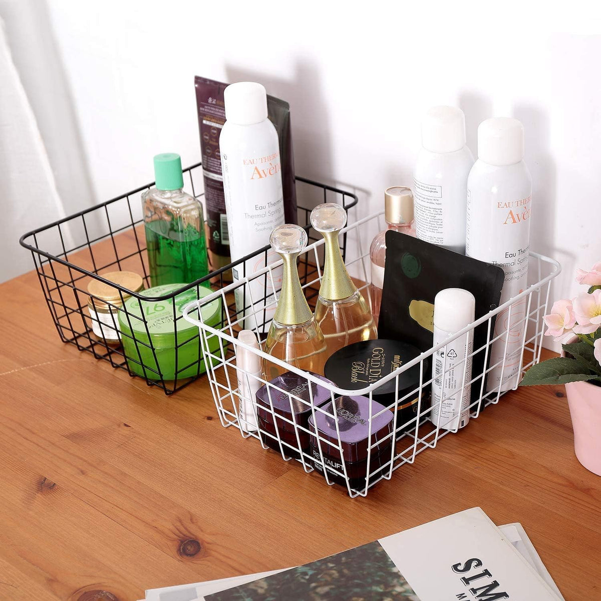 Kitchen Wire Baskets Farmhouse Decor Metal Food Storage Organizer, Household Refrigerator Bin with Built-in Handles for Cabinets,Pantry Set of 4 (Black)