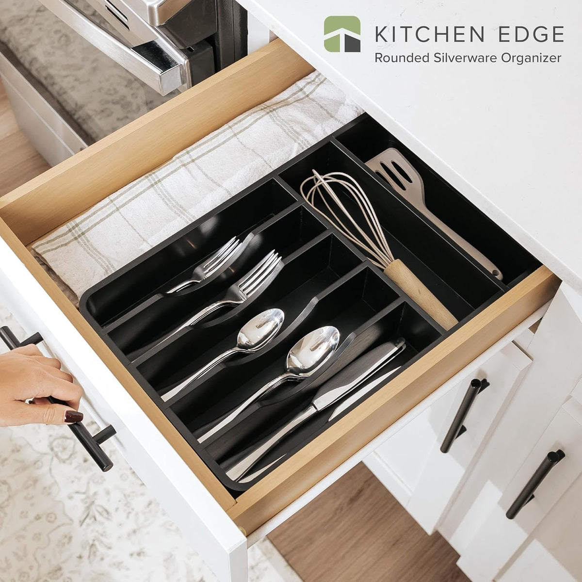 KitchenEdge Silverware Organizer - Cutlery, Flatware, and Utensil Holder for Kitchen Drawers, Fixed 10.5” Width, 7 Storage Compartments, Non-Slip Feet, Rounded Corners, 100% Bamboo, Black Finish