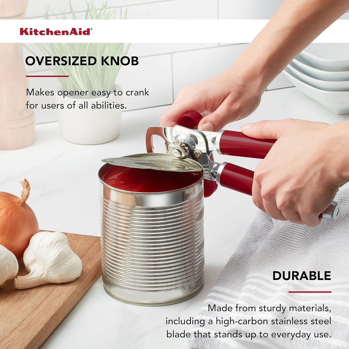KitchenAid Classic Multifunction Can Opener and Bottle Opener Easy to Use, Razor Sharp Stainless Steel Cutting Wheel, Soft Ergonomic Handles, Empire Red