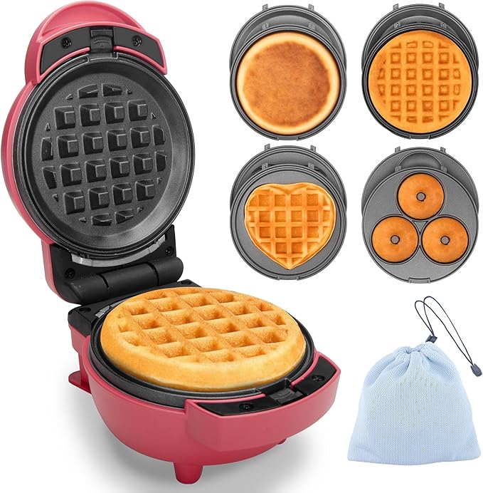 Baker's Friend 4 in 1 Mini Waffle Maker with Removable Plates, Set Includes Mini Pancake, Donut, Heart Shape Waffle Makers, Compact Size, Recipe Included, Red