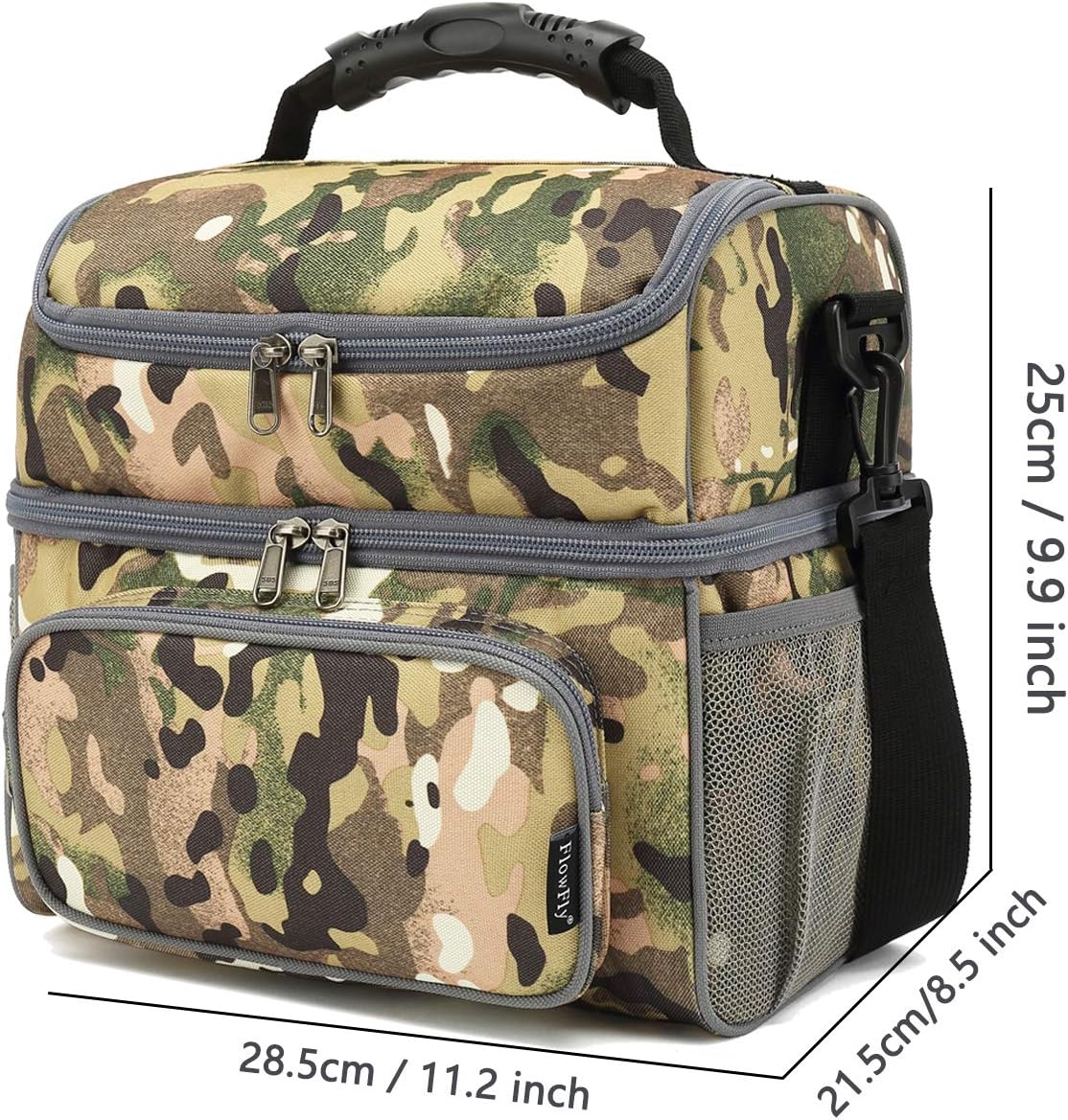 FlowFly Double Layer Cooler Insulated Lunch Bag Adult Lunch Box Large Tote Bag for Men, Women, With Adjustable Strap,Front Pocket and Dual Large Mesh Side Pockets