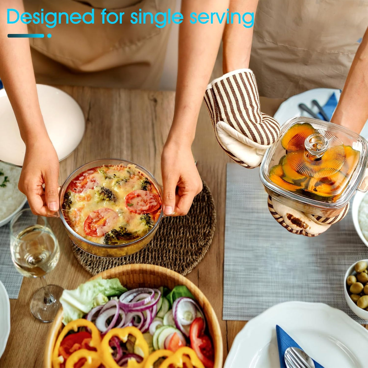 NUTRIUPS Mini Glass Casserole Dish Set with Lid Oven Safe Casserole Dish Set 2 Pack (5.9in Square+6in Round), 25oz Glass Microwave Bowl With Lid Microwavable Cookware