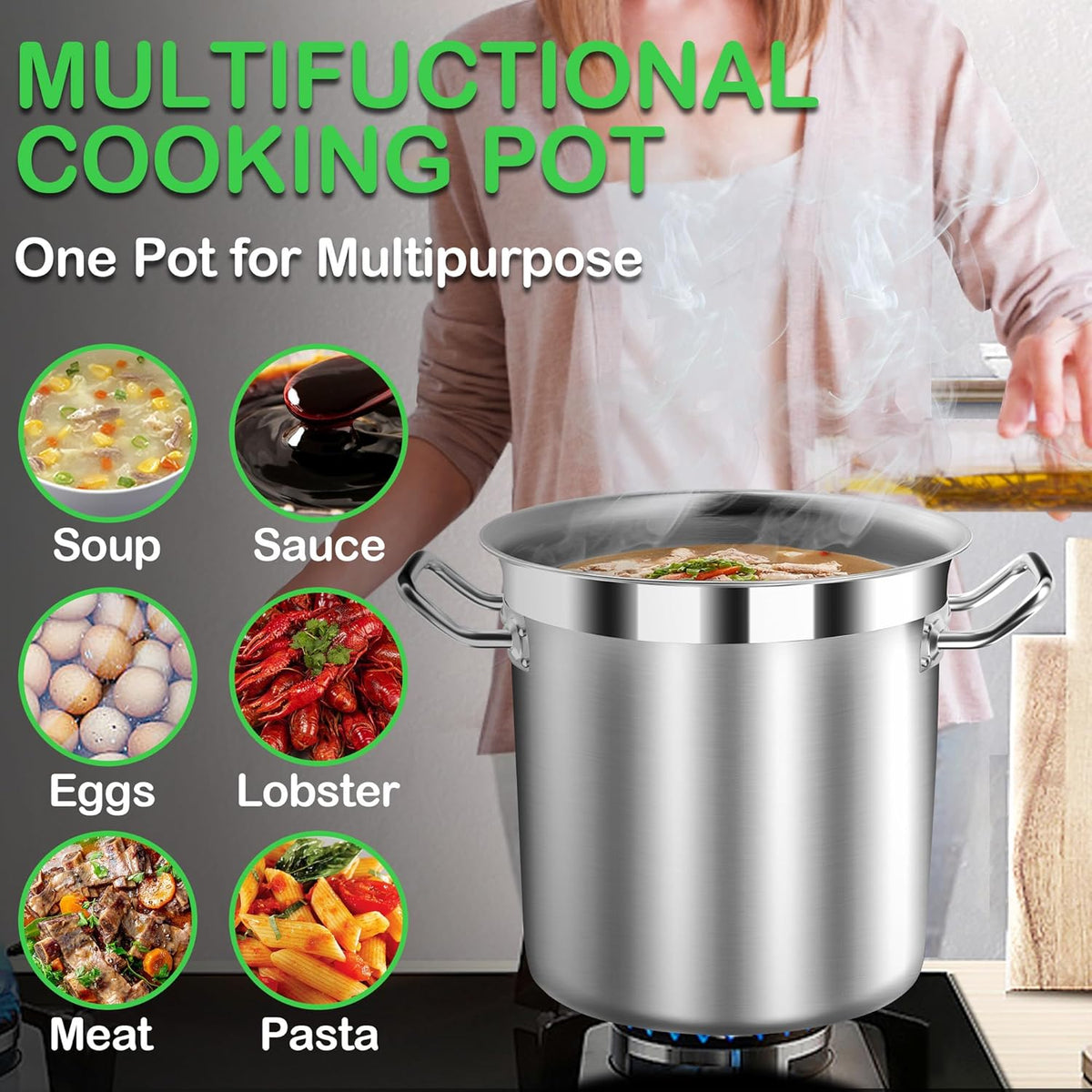 Stainless Steel 20 Quart Stockpot with Tempered Glass Lid, 3-Ply Base, 8.8 lbs, Polished Finish, Suitable for Stovetop and Oven