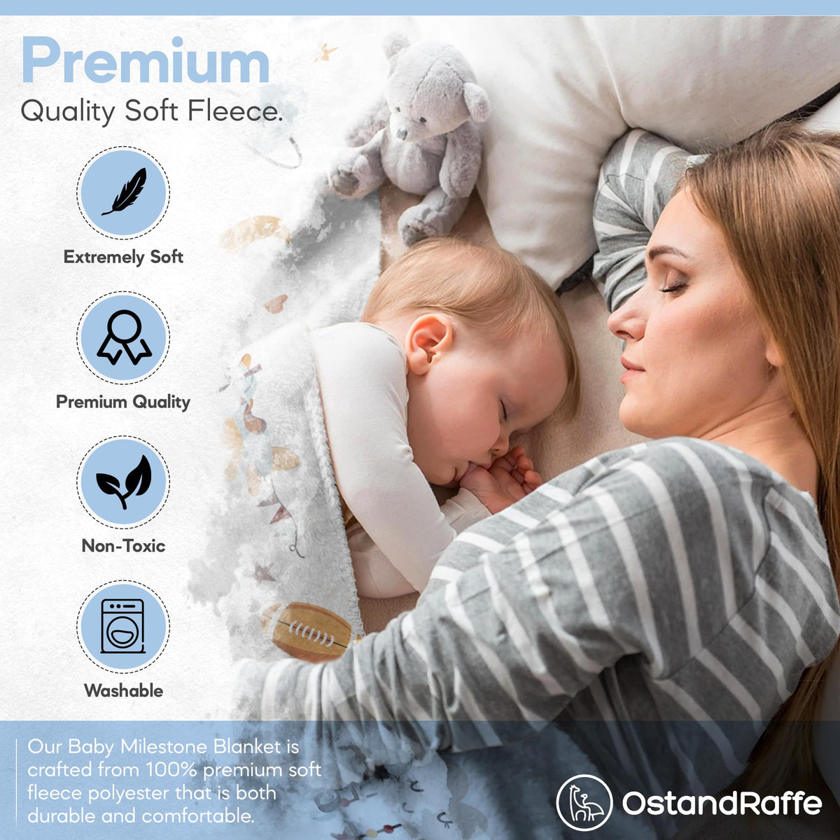 Baby Boy Monthly Milestone Blanket 60x40 - 16 Stickers, Newborn Photo Gift
