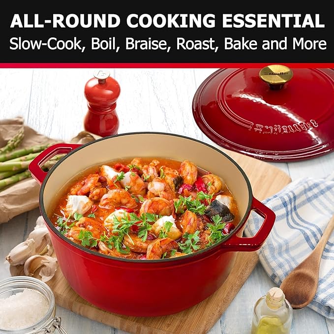 MUELLER HOME 4.5 QT Enameled Cast Iron Dutch Oven, Heavy-Duty Casserole Dish and Braiser Pan with Lid and Stainless Knob, Oven-Safe up to 500° F & Across All Cooktops, Red