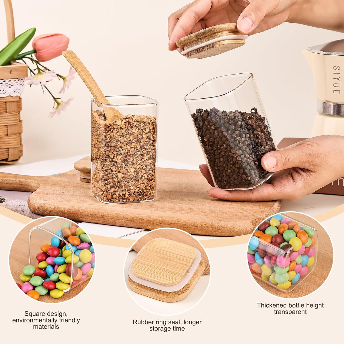 6oz Glass Spice Jars with Bamboo Lid and Label, 12 Pack Square Glass Container, Small Food Storage Containers for Kitchen, Clear Empty Seasoning Jar for Sugar, Salt, Coffee Bean, Herb, Borosilicate