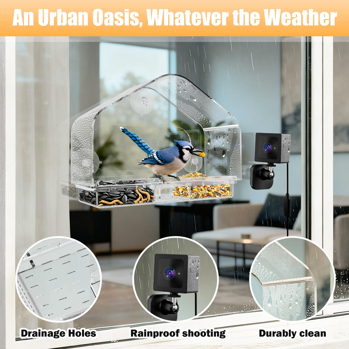 Window Bird Feeder with Strong Suction Cups & Smart Waterproof Bird Camera