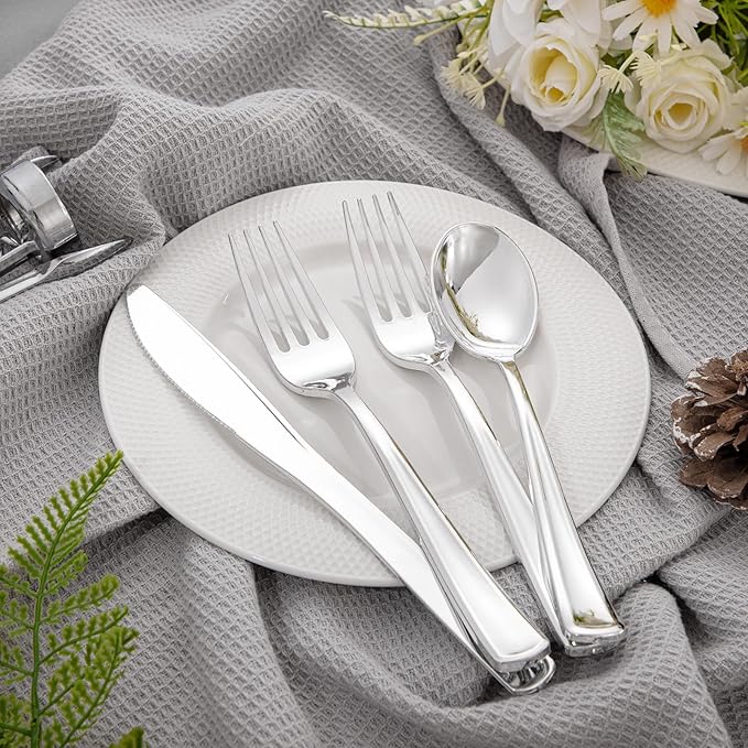 Liacere 100 Pack Silver Plastic Silverware-Pre Wrapped cutlery and Napkin-Pre Rolled Silverware Disposable 100 Forks, 100 Knives 100 Spoons, 100 Napkins Plastic Utensils＆Father's Day＆Independence Day