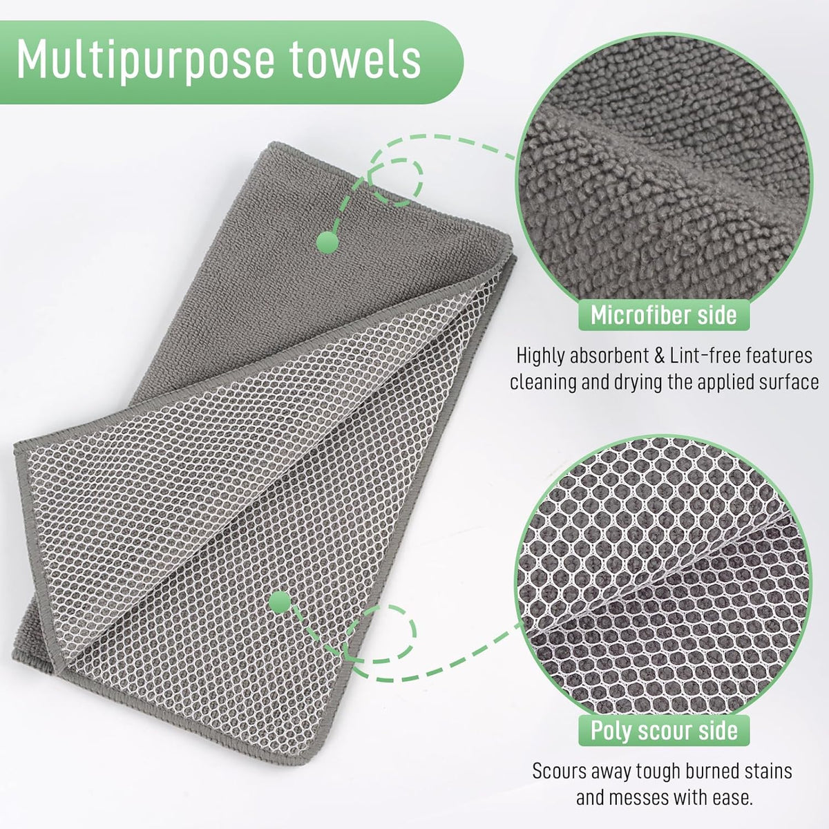 SINLAND Microfiber Dish Cloths Dish Rags for Washing Dishes Best Kitchen Washcloth Cleaning Cloths with Poly Scour Side 12Inchx12Inch 10Pack Grey