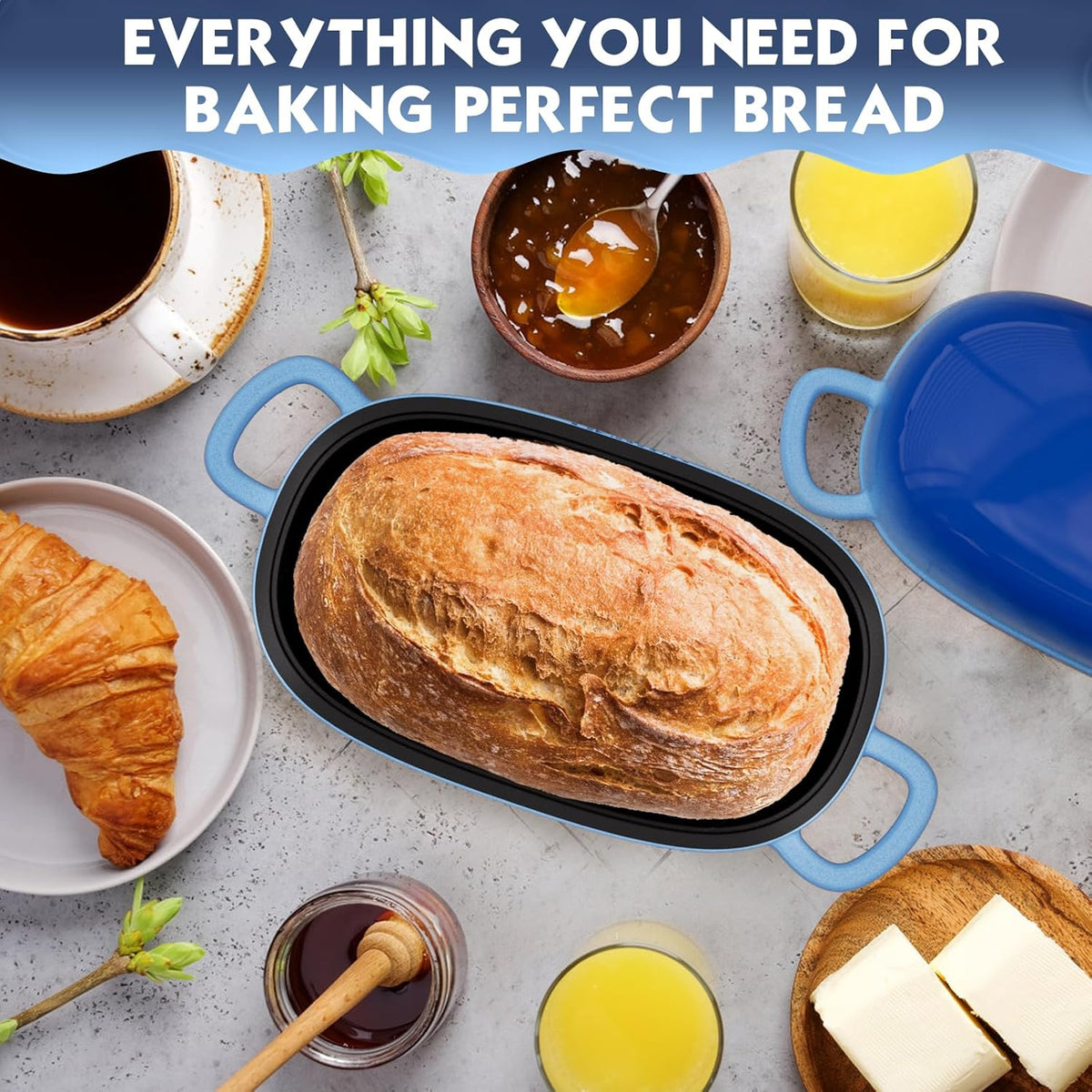 Dutch Oven for Bread Baking - 2.5QT Bread Pans for Homemade Bread Cast Iron Bread Pan With Banneton Bread Proofing Basket & Baking Supplies, Dutch Oven Loaf Pan with Lid for Homemade Breadmaking