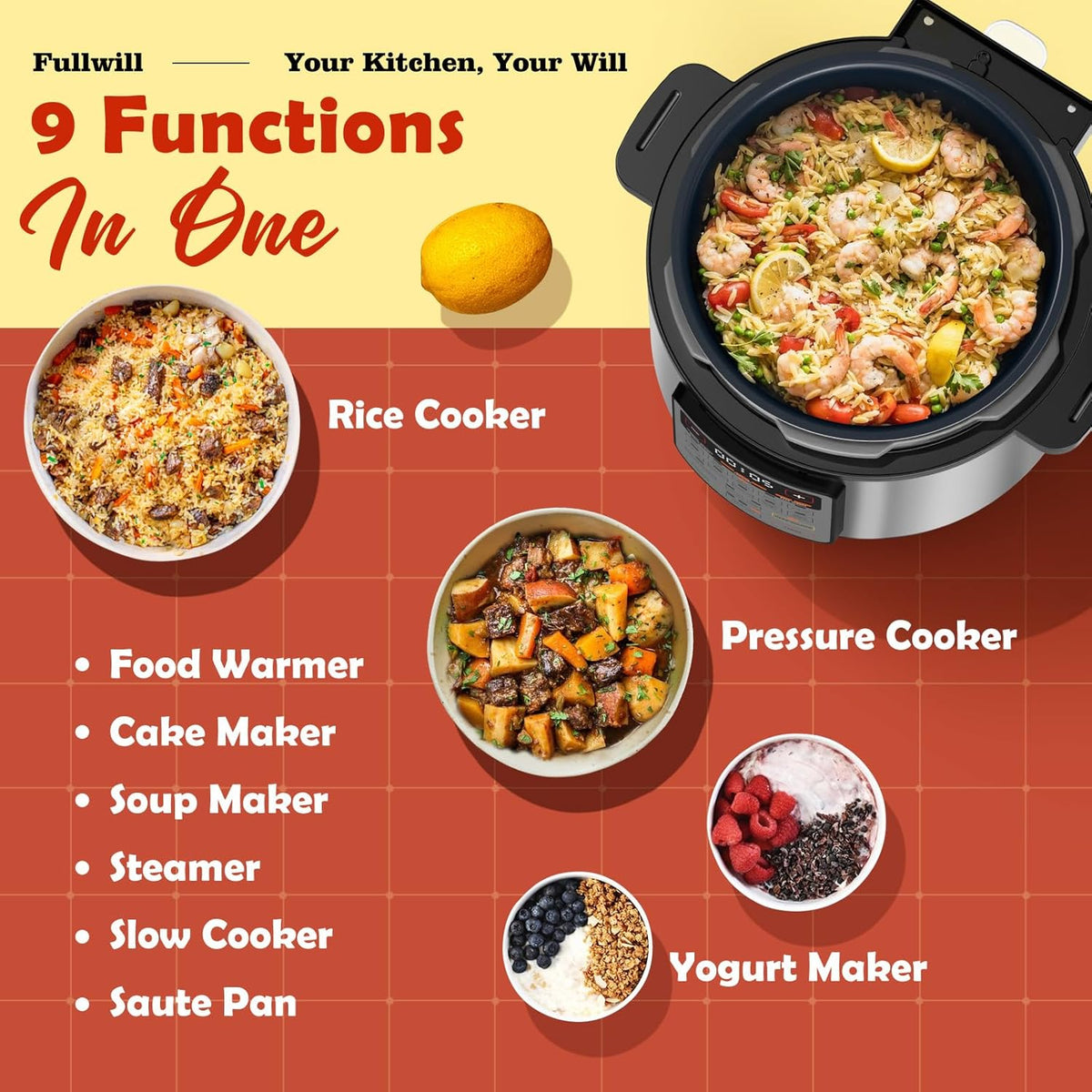 Fullwill Electric Pressure Cooker Uni 6qt, 9-in-1 Multi-Functional Slow Cooker, Rice Cooker, Yogurt Maker, Cake Maker, Sauté Pan, Steamer, Food Warmer, Soup Maker