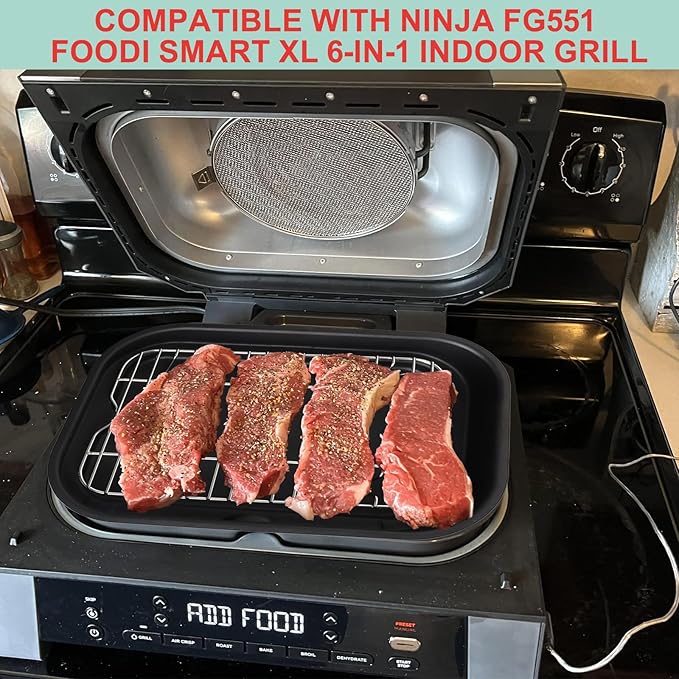 Non-Stick Griddle Pan, Stainless Steel Rack and Air Fryer Liners for Ninja FG551 Smart XL 6-in-1 Indoor Grill, Parts for Ninja Air Fryer Accessories with Disposable Parchment Paper, 100 Packs