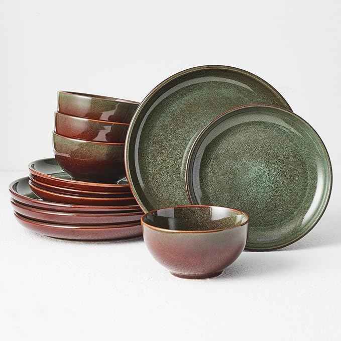 Stoneware Dinnerware Sets Service for 4, 12 pcs Reactive Glaze Plates and Bowls Sets, Handmade Ceramic Dish Set, Highly Chip and Crack Resistant Modern Plate Set, Brown Green