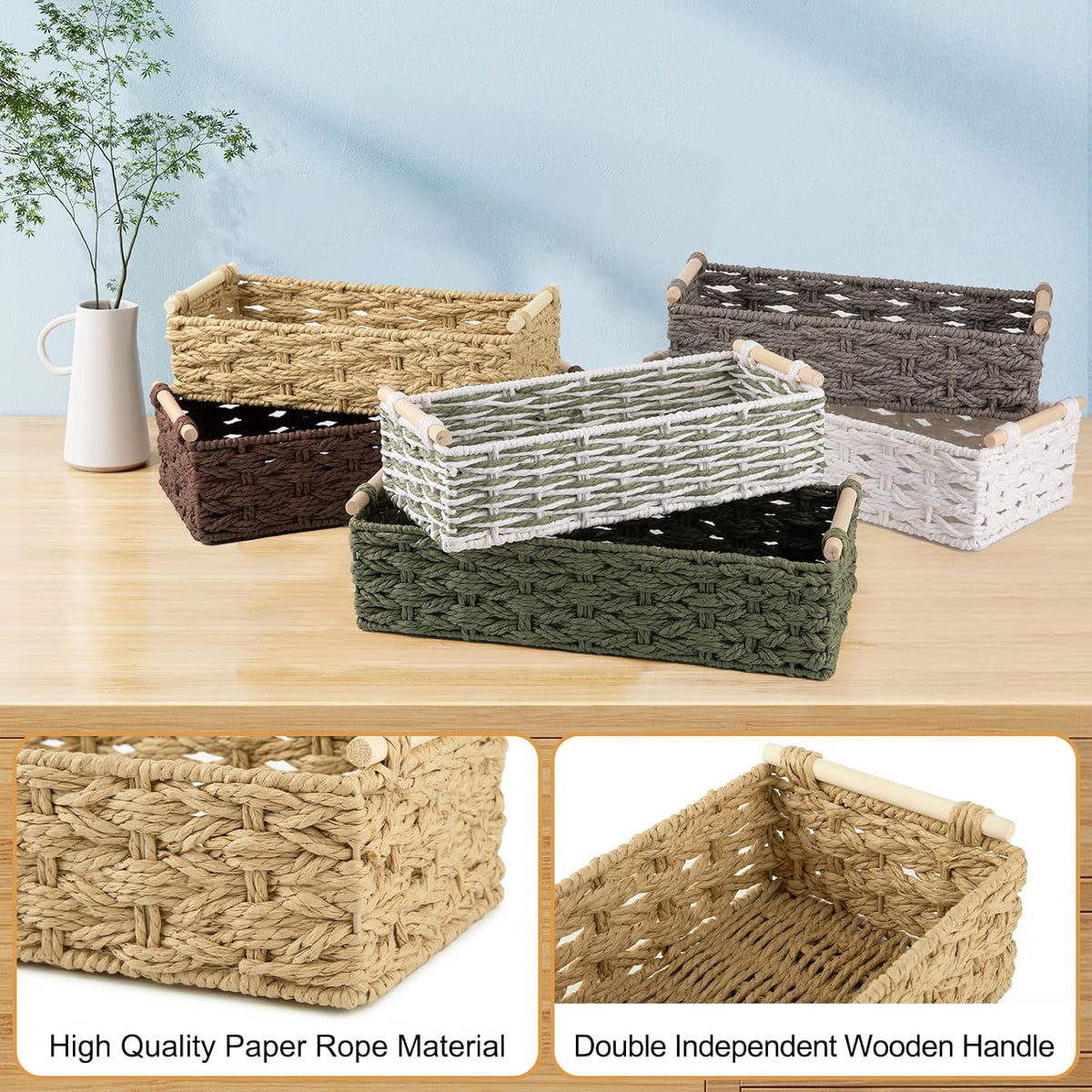 OIAHOMY Toilet Paper Baskets Handmade Paper Rope Decorative Wicker Storage Tank Shelf Cabinet Organizer for Bathroom Home, Set of 2, Yellow