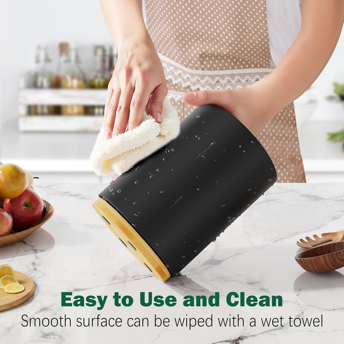 Black Utensil Holder Wood Kitchen Utensil Holder for Countertop, 360°Rotating Cooking Utensil Crock for Counter, 7.2" Large Utensil Organizer for Spatula Kitchen Decor