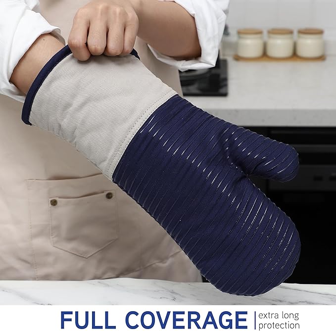 COOK WITH COLOR Silicone Oven Mitts- Heat Resistant Gloves with Soft Quilted Lining Oven Mitt Pot Holders for Cooking and BBQ, Navy, Material Mitt Set