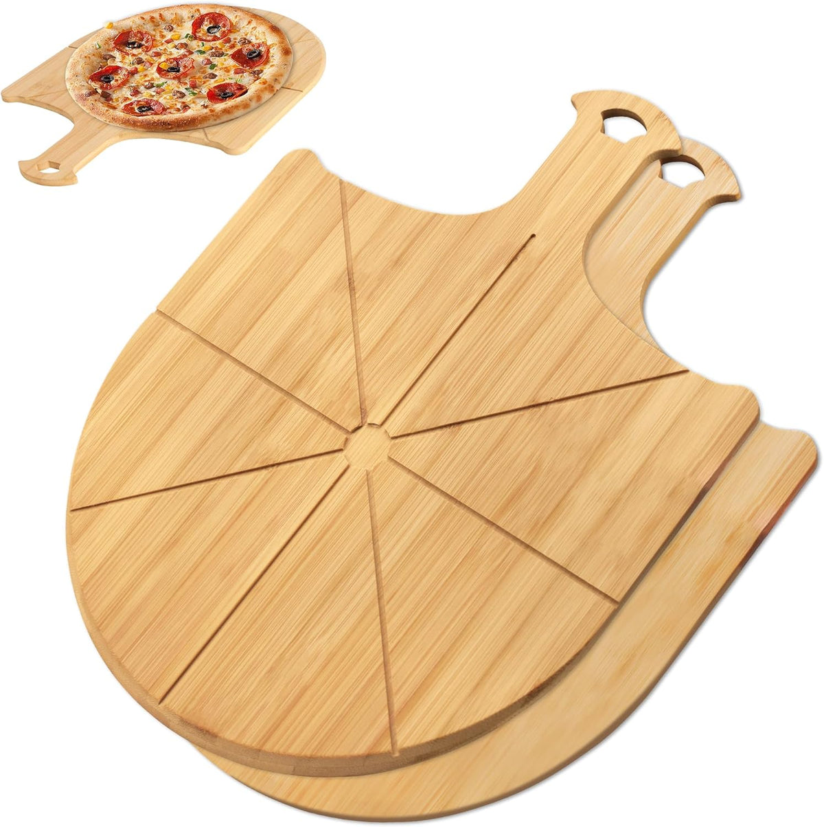Pizza Peel Wooden, 2 Pack of 12 Inch Pizza Spatula Wood Non-Stick, Bamboo Pizza Paddle as Cutting Board with Cutting Grooves for Easy Pizza and Bread Making