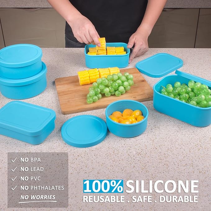 Nesting 100% Silicone Food Storage Containers with Lid & Measuring Line, 6 Pack, Leakproof Stackable Hard-Shell Silicone Containers for Food Lunch Snack, Microwave Oven Freezer Dishwasher Safe, Blue