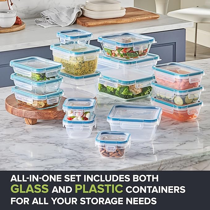 Snapware Total Solution (16-Pack) Glass & Plastic Mix Food Storage Containers Set, Meal Prep Containers with BPA-Free Lids & 4 Locking Tabs, Microwave, Dishwasher, and Freezer Safe