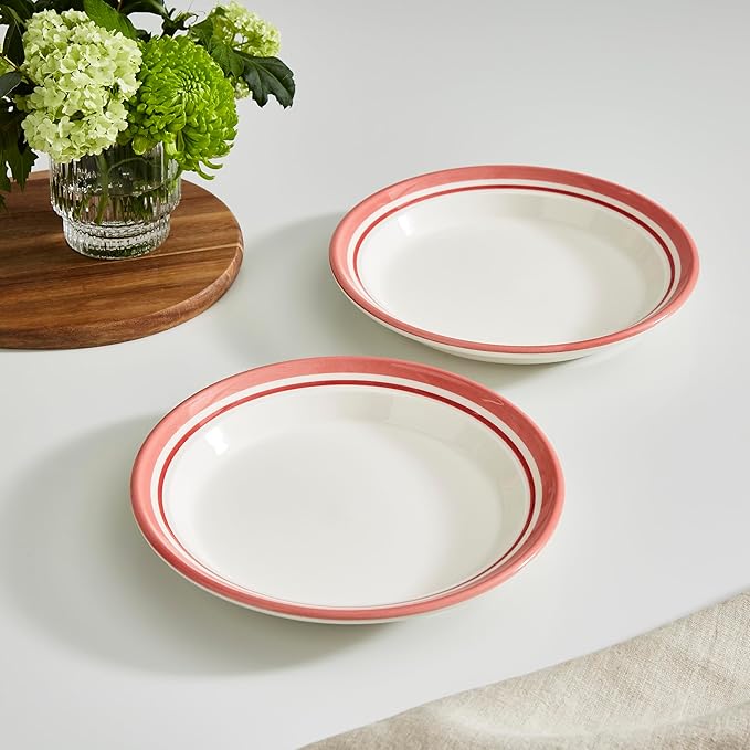 Portmeirion Potter's Stripe 8" Dinner Plate (Set of 4) - Handcrafted Earthenware Plates with Accent Rim, Microwave & Dishwasher Safe - Ideal Tableware for Modern & Traditional Dining (Red Stripe)