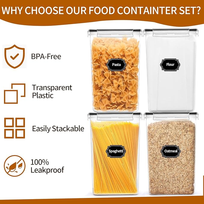 HKJ Chef 4 Pack Extra Large Airtight Food Storage Containers with Lids (6.5L / 220 oz), BPA Free Plastic Kitchen and Pantry Organization Contianers for Cereal Flour and Sugar Storage, Labels & Marker