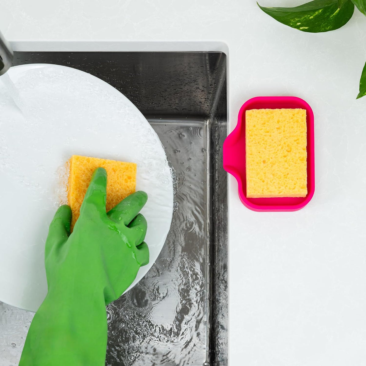 Zulay Kitchen Small Silicone Sponge Holder (4.9x3.3”) – Space-Saving Sink Organizer Tray for Sponge, Soap, Brush & More – Compact Non-Slip Dish for Kitchen & Bathroom (Dragon Fruit)