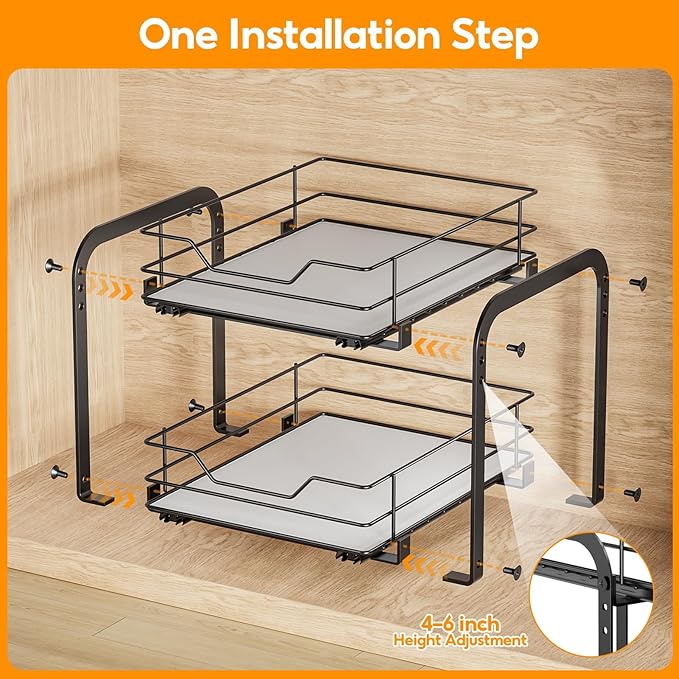 Spice Rack Organizer for Cabinet, 2 Tier Vertical Pull Out Spice Rack – Heavy Duty Metal Spice Organization for Cabinet, 40-Jar Capacity, Height Adjustable Cabinet Organizer (9"W×10.5"D×9"H, Black)