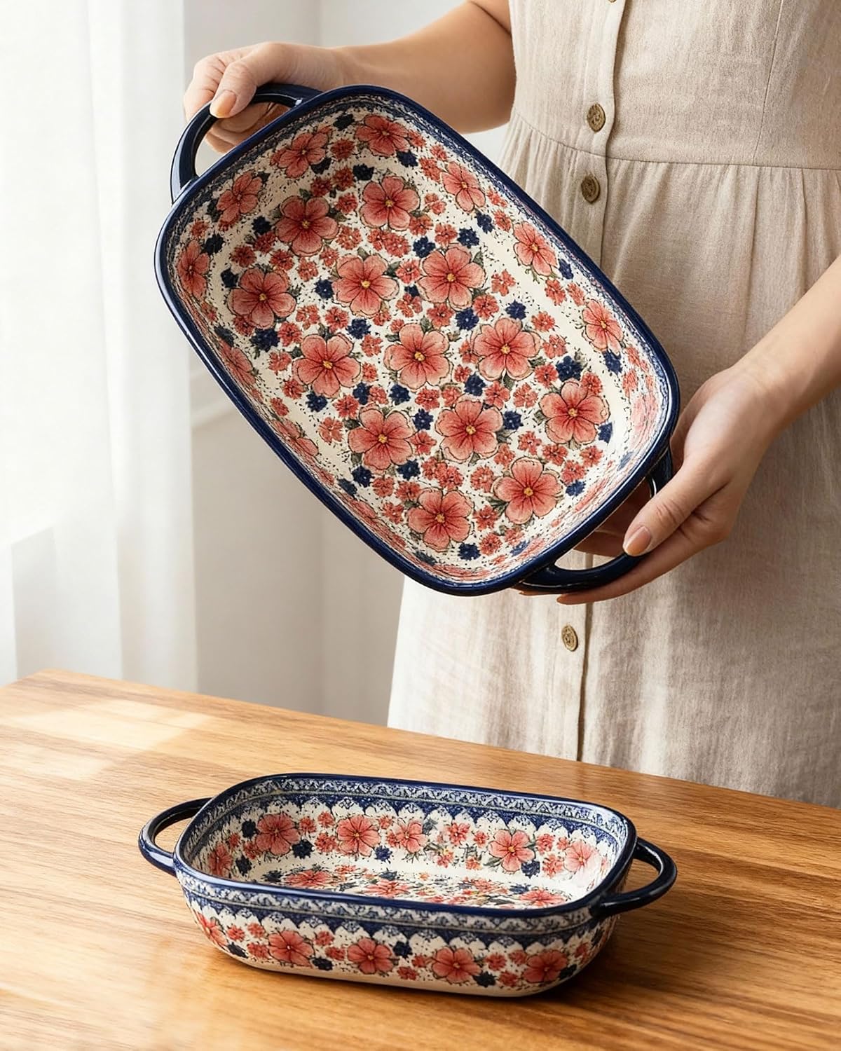 Polish Pottery Style Ceramic Baking Dish Set of 2 – Decorative Casserole Dishes with Handles, Cute Oven-Safe Lasagna Bakeware Gift Set
