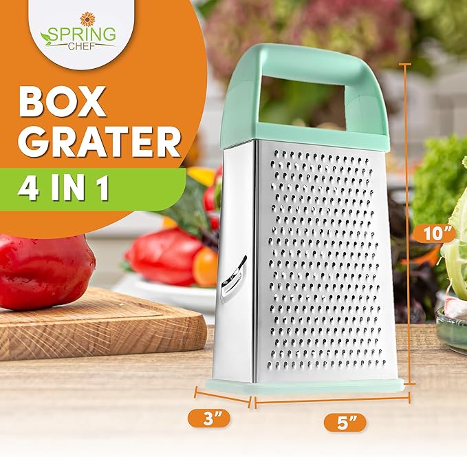 Spring Chef Professional 10" Stainless Steel Parmesan Cheese Grater with Handle, 4 Sided Handheld Box Grater, Kitchen Potato Shredder for Hash Browns, Hard Cheese, Ginger, Vegetables, Carrot - Mint