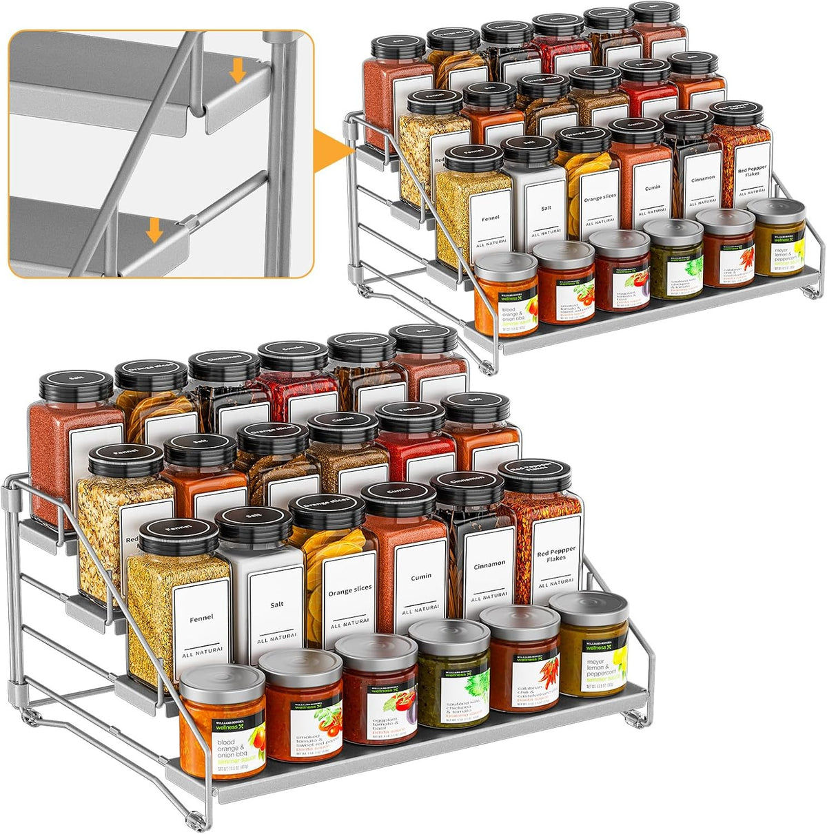 4 Tier Spice Rack Organizer for Cabinet, Spice Rack Organizer, Depth Adjustable Spice Organizer for Cabinet, Countertop, Cupboard, Pantry, Seasoning Shelf, Metal, Gray (2 Pack)