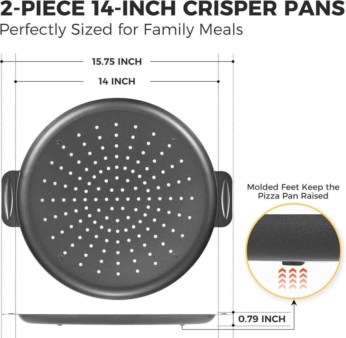 HONGBAKE 2 Pack Pizza Pan 14 Inch with Holes, Rust-Free Nonstick Pizza Pan for Oven, 0.8mm Carbon Steel Perforated Pizza Tray with Wider Handles, Round Baking Sheet for Frozen & Homemade Pizza, Grey