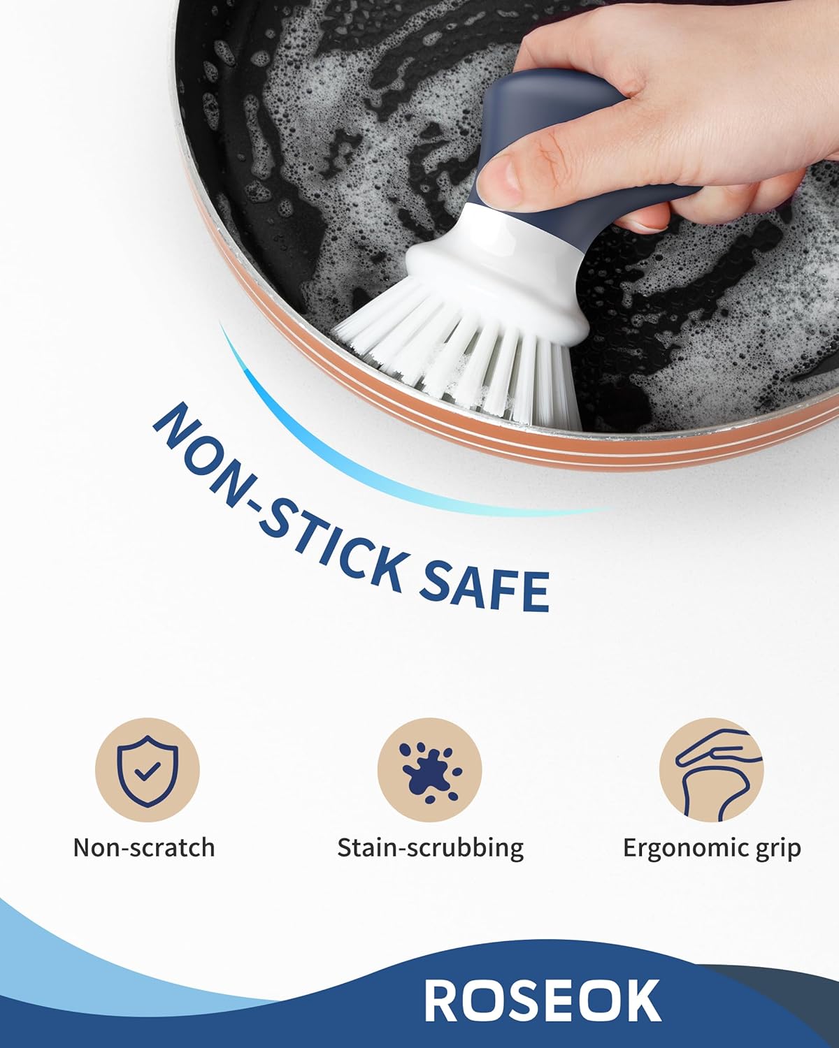 Dish Scrub Brush,Self-Standing Palm Brush with Ergonomic Grip for Cleaning Dishes,Non-Stick Pans and Sinks,Navy Blue,2 Pack