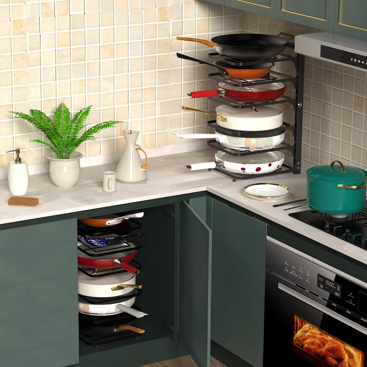 6-Tier Multifunctional Adjustable Pan & Pot Rack for Cabinet, Countertop Organizer, Pot Organizer for Kitchen Organization & Storage, Pot Lid Organizer (Black)