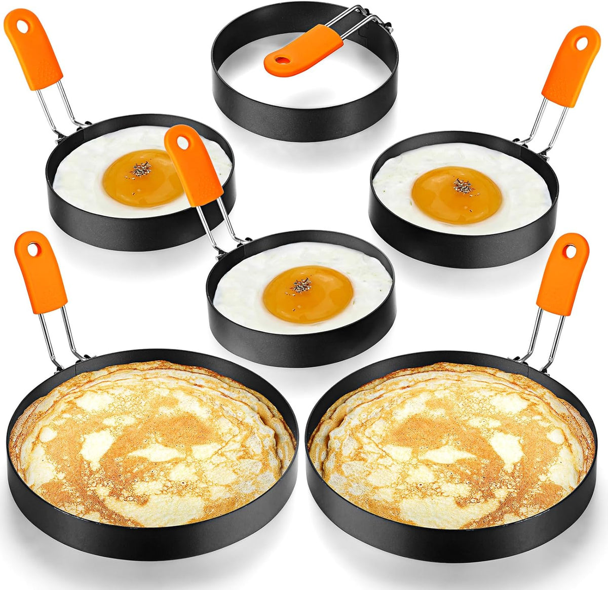 Patelai 6 Pcs Professional Egg Ring Pancake Ring Set Stainless Steel Fried Egg Molds Griddle Pancake Shapers with Orange Silicone Handle for Breakfast Omelette Sandwich(4, 6 Inch)