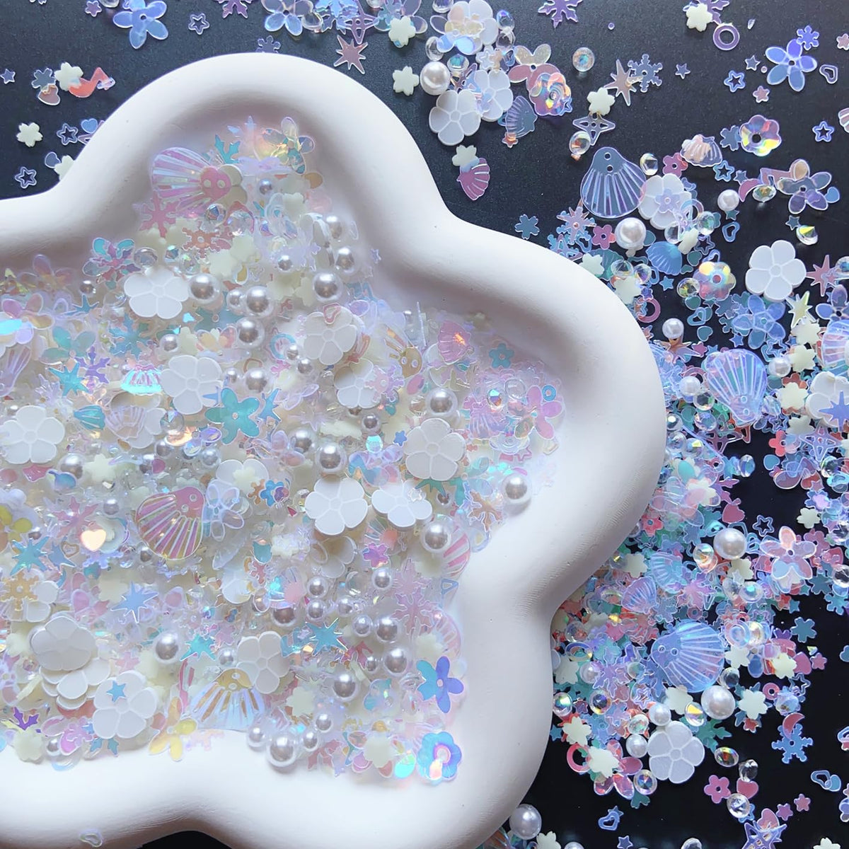Sequins Holographic Polymer Clay Slices Nail Glitter 3D Holographic Snowflake Shell Butterfly Plum Blossom Nail Sequins Slices Polymer Clay Nail Decals for DIY Nail Decoration (White-51)
