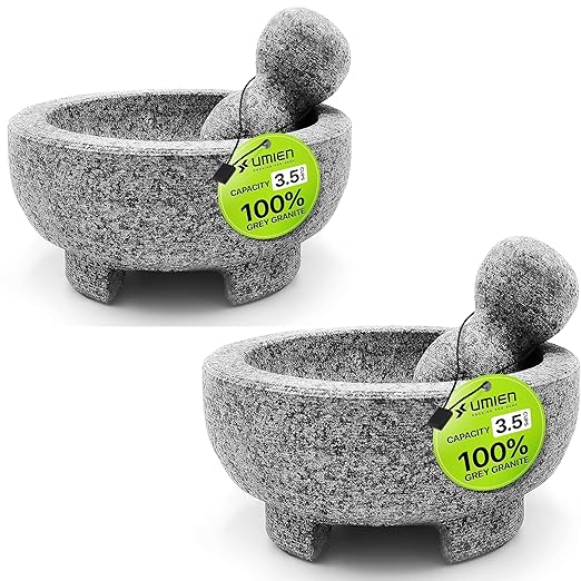 2 Sets Umien™ Granite Mortar and Pestle Set - 100% Granite - 3.5-Cups - 8-Inch – Avocado Tool Included – Natural Stone Molcajete for Spices, Pestos, & Guacamole (Grey) - Stone Grinder - Guacamole