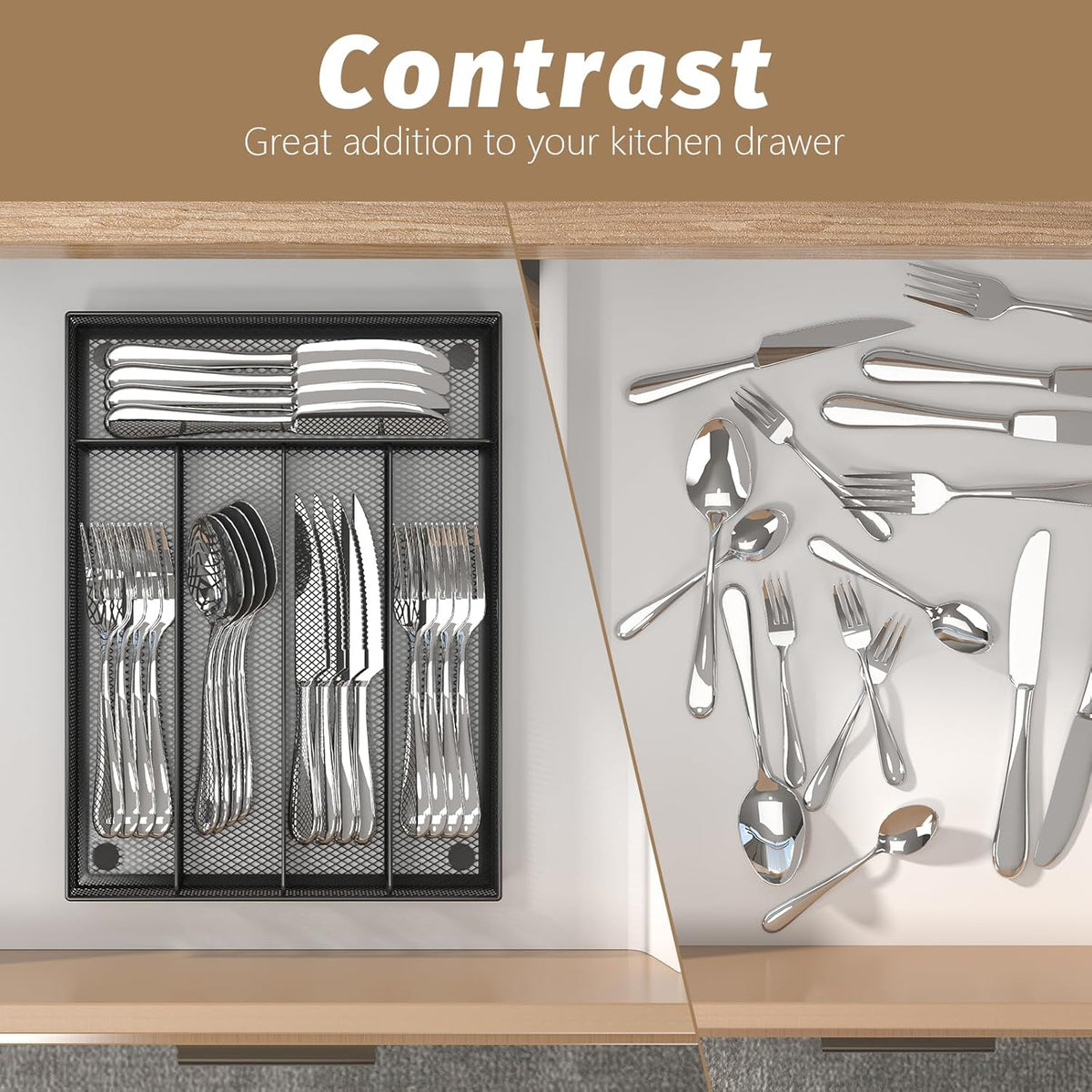 Silverware Organizer Metal Mesh, Small Drawer Organizer, Utensil Cutlery Tray for kitchen drawers, Flatware Organizer with 5 Compartment, Black(9.3"*12.6")