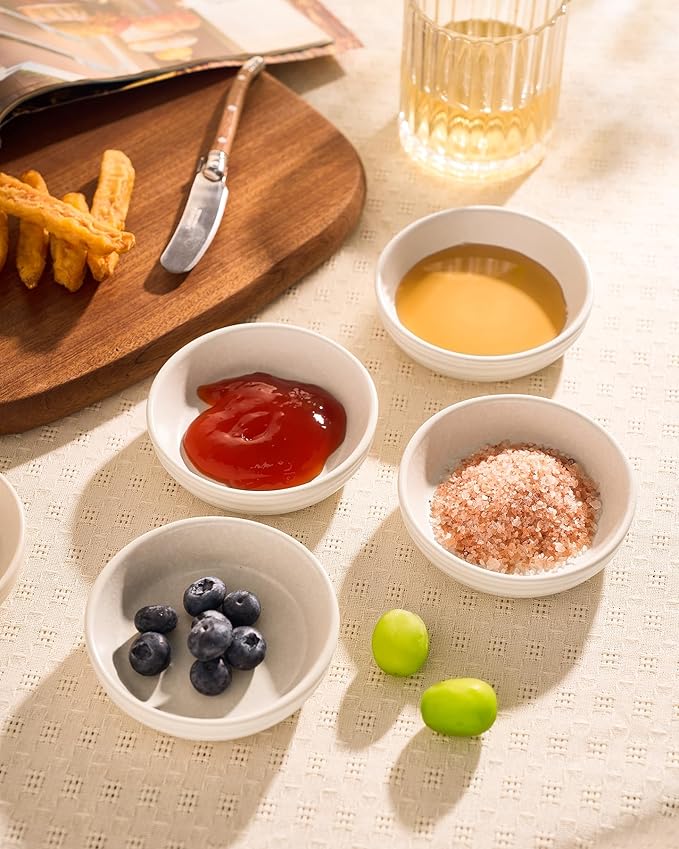 famiware Pluto Soy Sauce Dishes of 6, 3 oz Dipping Sauce Cups/Bowls/Dishes for Kitchen, Ceramic Small Bowls for Side Dish, Appetizers, Snacks, and Sushi, Reactive Glaze, Matte White