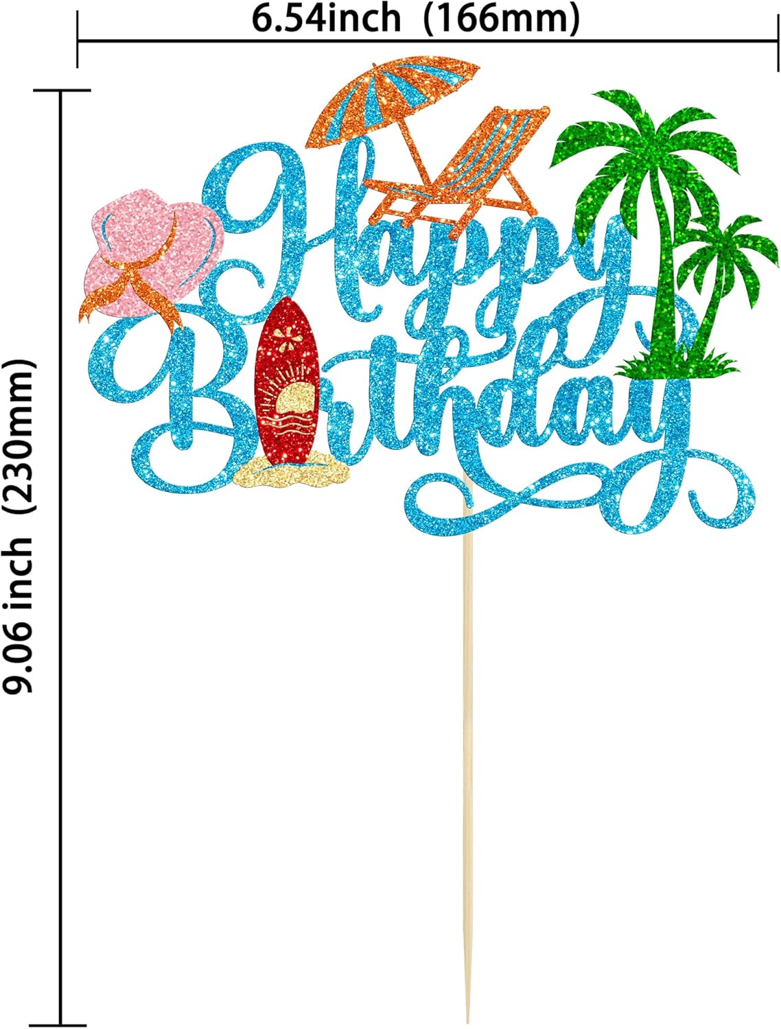 Gyufise 1Pcs Summer Beach Happy Birthday Cake Topper Glitter Ball Tree Umbrella Pool Cake Pick for Hawaiian Holiday Baby Shower Birthday Party Cake Decorations Supplies Blue